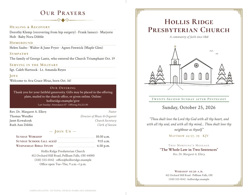 A folded bulletin laid out on one landscape sheet, back cover and front cover side by side