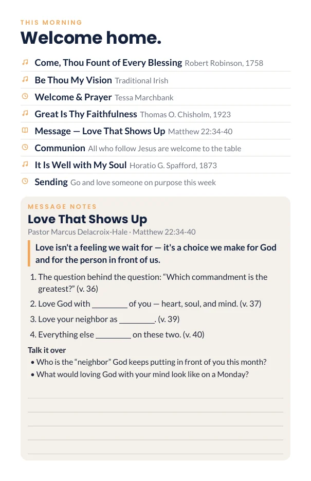 Modern bulletin inside page with song list and fill-in sermon notes